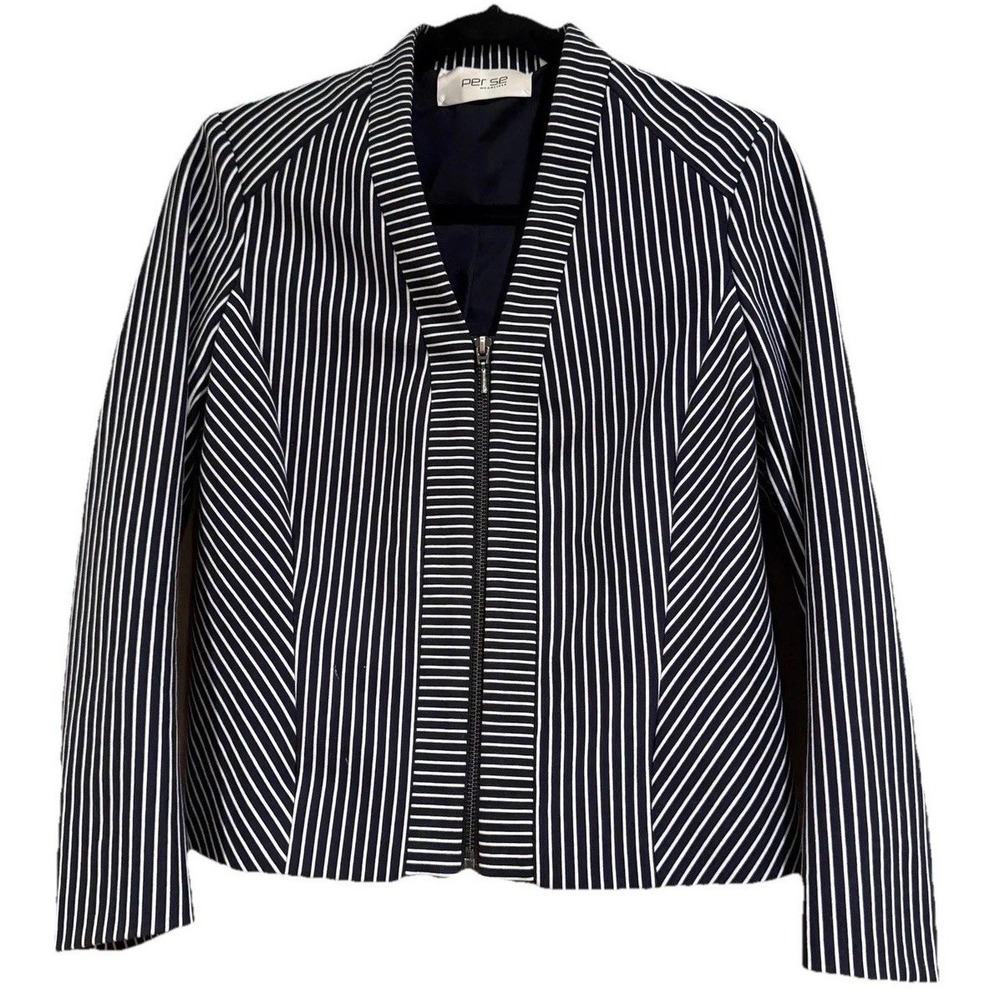 Per Se By Carlisle Jacket Womens 2 Navy White  Zip Front Blazer Lined Classic